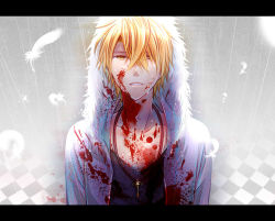 Rule 34 | 1boy, amnesia (idea factory), bad id, bad pixiv id, blonde hair, blood, checkered floor, collarbone, feathers, floor, hood, jacket, jewelry, letterboxed, male focus, necklace, rain, shirt, solo, tears, toma (amnesia), yamika, yellow eyes