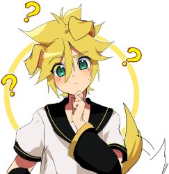 Rule 34 | 1boy, ?, afterimage, arm warmers, bad id, bad twitter id, black collar, black sleeves, blonde hair, collar, commentary, detached sleeves, dog tail, ei flow, english commentary, green eyes, hand on own chin, head tilt, kagamine len, looking at another, male focus, raised eyebrow, sailor collar, school uniform, shirt, short ponytail, short sleeves, spiked hair, sweat, tail, tail wagging, thinking, upper body, vocaloid, white shirt