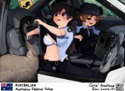 Rule 34 | 2girls, @ @, animal, australian flag, bird, dongdong (0206qwerty), emu, f1 (girls&#039; frontline), girls&#039; frontline, hat, highres, laughing, lewis (girls&#039; frontline), multiple girls, police, police hat, police uniform, policewoman, tears, uniform