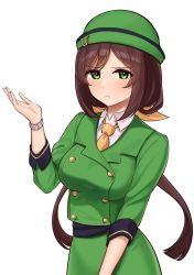 Rule 34 | 1girl, brown hair, buttons, closed mouth, collarbone, cropped jacket, double-breasted, frown, green eyes, green hat, green skirt, hand up, hat, hayakawa tazuna, highres, hukahito, long hair, long sleeves, looking at viewer, neckerchief, shirt, simple background, skirt, sleeves pushed up, solo, umamusume, upper body, watch, white background, white shirt, wristwatch, yellow neckerchief