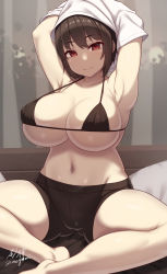 Rule 34 | 1girl, armpits, arms behind head, arms up, bad id, bad pixiv id, bare shoulders, bike shorts, bikini, black bikini, black shorts, blush, breasts, brown hair, cleavage, collarbone, highres, large breasts, looking at viewer, navel, original, red eyes, samegami, shirt, short hair, short shorts, shorts, sitting, smile, solo, swimsuit, thick thighs, thighs, undressing, white shirt