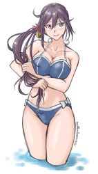 Rule 34 | 1girl, absurdres, aged up, akebono (kancolle), alternate breast size, bell, bikini, blue bikini, breasts, cameltoe, cleavage, commentary request, cowboy shot, flower, hair bell, hair flower, hair ornament, highres, holding, holding own hair, jingle bell, kantai collection, large breasts, long hair, purple eyes, purple hair, side ponytail, simple background, soaking feet, solo, sozan, standing, swimsuit, very long hair, wading, white background