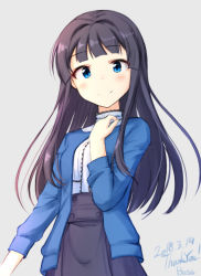 Rule 34 | 1girl, artist name, basa rutan, black hair, blue eyes, blue jacket, blush, dated, grey background, hand on own chest, idolmaster, idolmaster million live!, jacket, long hair, long sleeves, looking at viewer, mogami shizuka, simple background, skirt, smile, solo, thank you, upper body