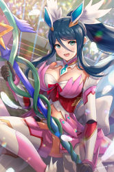 Rule 34 | 1girl, :d, armor, armored boots, black gloves, black shorts, blue eyes, blue hair, blush, boots, breasts, cleavage, clothing cutout, collarbone, commentary request, detached collar, fire emblem, gauntlets, gloves, gonzarez, hair between eyes, hair ornament, highres, holding, holding polearm, holding spear, holding weapon, large breasts, long hair, looking at viewer, midriff, navel cutout, nintendo, open mouth, oribe tsubasa, pink armor, polearm, ponytail, short shorts, shorts, sidelocks, smile, solo, spear, thighhighs, tokyo mirage sessions fe, twitter username, weapon