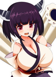 Rule 34 | 1girl, alternate breast size, black hair, breasts, character request, cleavage, copyright request, fang, gero zoukin, highres, japanese clothes, large breasts, open mouth, oppai loli, red eyes, short hair, simple background, solo, white background
