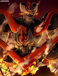 Rule 34 | absurdres, artist name, black background, commentary, english commentary, fire, gao ex kaiser, great mazinger (robot), highres, looking down, mazinger (series), mazinger z (mecha), mecha, no humans, robot, science fiction, smile, smoke, super robot, yellow eyes