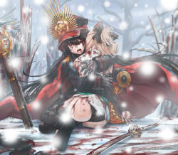 Rule 34 | 2girls, absurdres, ass, black bow, black headwear, black panties, black pants, blonde hair, blood, blood on clothes, blood on face, bow, cape, family crest, fate/grand order, fate (series), gloves, hair bow, half updo, hat, highres, holding person, japanese clothes, katana, kimono, long hair, long sleeves, medium hair, military, military uniform, multiple girls, obi, oda nobunaga (fate), oda nobunaga (koha-ace), oda uri, okita souji (fate), okita souji (koha-ace), one eye closed, panties, pants, peaked cap, red cape, red eyes, sash, short kimono, sleeveless, sleeveless kimono, sterben, sword, torn clothes, underwear, uniform, very long hair, weapon, white gloves, white kimono