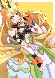 Rule 34 | 1girl, absurdres, bare shoulders, blonde hair, blush, bow, breasts, butterfly hair ornament, celine (fire emblem), crown, detached sleeves, dress, dress bow, fire emblem, fire emblem engage, green bow, green eyes, hair ornament, highres, long hair, looking at viewer, medium breasts, nintendo, orange bow, smile, solo, to (tototo tk), underboob, very long hair, wrist bow
