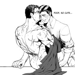 Rule 34 | 2boys, adjusting eyewear, anal, ass, back, bara, batman (series), blush, bruce wayne, clark kent, closed eyes, collared shirt, couple, dc comics, english text, glasses, greyscale, highres, holding another&#039;s leg, holding hands, large pectorals, looking at another, male focus, male penetrated, mature male, monochrome, multiple boys, muscular, muscular male, nude, pectorals, scar, scar on arm, scar on back, sex, shirt, short hair, smile, superman (series), unworn shirt, yaoi, yooko