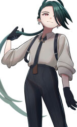 Rule 34 | 1girl, ahoge, black gloves, black necktie, black pants, bright pupils, closed mouth, collared shirt, commentary request, creatures (company), earrings, game freak, gloves, green hair, hand up, jewelry, long hair, looking to the side, necktie, nintendo, pants, pokemon, pokemon sv, red eyes, rika (pokemon), shirt, simple background, sleeves rolled up, smile, solo, suspenders, very long hair, white background, white pupils, yoaketukiko