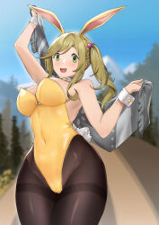 Rule 34 | 1girl, animal ears, bare shoulders, blue sky, breasts, cleavage, curvy, fang, green eyes, highres, inuyama aoi, large breasts, leotard, light brown hair, long hair, mountain, open mouth, persocon93, playboy bunny, rabbit ears, side ponytail, sky, solo, thick eyebrows, thick thighs, thighs, tree, wide hips, yellow leotard, yurucamp