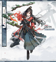 Rule 34 | 1girl, bayonet, black footwear, black gloves, black hair, blue skirt, boots, branch, chinese clothes, closed mouth, commentary, english commentary, english text, fingerless gloves, full body, girls&#039; frontline, gloves, gun, hanfu, headset, high ponytail, holding, holding gun, holding weapon, imoko (imonatsuki), long skirt, long sleeves, looking at viewer, official alternate costume, official art, orange eyes, pouch, qbz-191, qbz-191 (girls&#039; frontline), qbz-191 (lone pine walker) (girls&#039; frontline), red ribbon, rerebrace, ribbon, rock, scope, second-party source, serious, simple background, skirt, snow, solo, star (symbol), vambraces, weapon, white background
