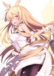 Rule 34 | 1girl, :d, bell, black pantyhose, blonde hair, blush, commentary request, dress, fate/grand order, fate (series), feathers, fur-trimmed dress, fur trim, gloves, hair ribbon, head wings, highres, holding, holding bell, long hair, looking at viewer, maosame, open mouth, pantyhose, red eyes, ribbon, ring the bell, sleeveless, sleeveless dress, smile, solo, thighhighs, thrud (fate), thrud (ring the bell) (fate), valkyrie (fate), very long hair, white dress, white feathers, white gloves, white ribbon, wings