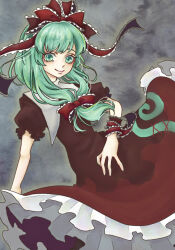 Rule 34 | 1girl, closed mouth, commentary request, dress, frilled dress, frilled ribbon, frills, front ponytail, green eyes, green hair, grey background, hair ribbon, kagiyama hina, long hair, looking at viewer, mmm osato, red dress, red ribbon, ribbon, short sleeves, smile, solo, touhou