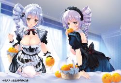 Rule 34 | 2girls, absurdres, basket, food, fruit, highres, maid, motomiya mitsuki, multiple girls, orange (fruit)