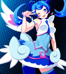 Rule 34 | 1girl, ;d, angel wings, armband, armpits, between breasts, blue angel, blue armband, blue hair, blue necktie, blue skirt, blue thighhighs, blush, breasts, commentary request, danpu, dark persona, earrings, heart, highres, jewelry, medium breasts, multicolored hair, necktie, one eye closed, open mouth, purple eyes, shirt, skirt, smile, solo, thighhighs, twintails, w, white shirt, wings, wrist cuffs, yu-gi-oh!, yu-gi-oh! vrains, yuu-gi-ou, yuu-gi-ou vrains, zaizen aoi