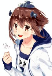 Rule 34 | 1girl, blue one-piece swimsuit, brown eyes, brown hair, drawstring, dress, fla, hatu xxgoukan, headgear, headset, hood, hooded jacket, hoodie, jacket, kantai collection, looking at viewer, name tag, one-piece swimsuit, open mouth, round teeth, sailor dress, short hair, simple background, smile, solo, speaking tube headset, swimsuit, teeth, upper body, upper teeth only, white background, white jacket, yukikaze (kancolle)