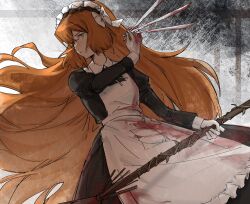 Rule 34 | 1girl, apron, blood, blood on clothes, blood on face, bow, broom, brown hairband, closed mouth, cowboy shot, freckles, frilled apron, frills, gloves, hair bow, hairband, highres, holding, holding broom, holding knife, humian0101, ishmael (project moon), knife, limbus company, long hair, maid, maid headdress, orange hair, project moon, rope, sidelocks, solo, very long hair, white apron, white bow, white gloves
