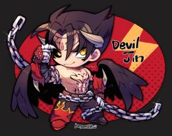Rule 34 | 1boy, abs, belt, black hair, black pants, black sclera, black wings, brown belt, chain, chest tattoo, colored sclera, devil jin, flame print, forehead jewel, full body, glint, gloves, grey horns, horns, kazama jin, kotorai, looking at viewer, male focus, navel, no nose, pants, pectorals, red gloves, smile, solo, standing, studded gloves, tattoo, tekken, topless male, wings, yellow eyes