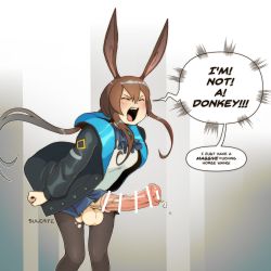 Rule 34 | 1girl, amiya (arknights), angry, animal ears, animal penis, arknights, artist name, ascot, bar censor, black jacket, black pantyhose, blush, breasts, brown hair, censored, clenched hand, closed eyes, commentary, cum, donkey, english commentary, english text, erection, fang, feet out of frame, floating hair, futanari, hair between eyes, highres, hood, hooded jacket, horse penis, jacket, large penis, long hair, long sleeves, medium breasts, miniskirt, multicolored background, multicolored clothes, multicolored jacket, open clothes, open jacket, open mouth, pantyhose, penis, pleated skirt, ponytail, precum, profanity, rabbit ears, shirt, sidelocks, skirt, solo, speech bubble, standing, sulcate, teeth, testicles, torn clothes, torn pantyhose, two-tone jacket, upper teeth only, white shirt