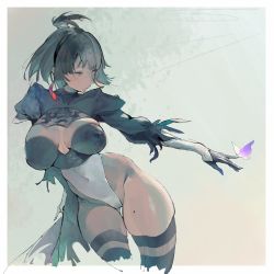 Rule 34 | 1girl, animal ears, bird, bird on hand, black gloves, black hair, black hairband, black leotard, black sleeves, black thighhighs, blunt bangs, border, bow, breasts, brown eyes, cape, character request, cleavage, closed mouth, copyright request, covered navel, ear ribbon, girls&#039; frontline neural cloud, gloves, green background, groin, hairband, heattech leotard, highres, large breasts, leotard, long sleeves, looking ahead, mole, mole on thigh, mole under mouth, nier:automata, nier (series), red ribbon, ribbon, short hair, short ponytail, solo, t lege d, thick thighs, thighhighs, thighs, torn cape, torn clothes, turtleneck, two-tone gloves, two-tone leotard, white border, white gloves, white leotard