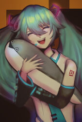 Rule 34 | 1girl, :d, black sleeves, blue hair, blue necktie, closed eyes, commentary request, detached sleeves, fish, hair between eyes, hair ornament, hatsune miku, highres, long bangs, long hair, necktie, open mouth, sacabambaspis, shirt, sleeveless, sleeveless shirt, smile, solo, teeth, tie clip, twintails, upper body, upper teeth only, very long hair, vocaloid, watanabe mary, white shirt