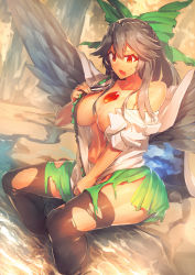 Rule 34 | 1girl, bird wings, black hair, black pantyhose, bow, breasts, cape, cleavage, feathered wings, female focus, hair bow, hair ornament, highres, huge breasts, long hair, melon22, midriff, off shoulder, open clothes, open mouth, open shirt, pantyhose, partially submerged, puffy sleeves, red eyes, reiuji utsuho, shirt, short sleeves, sitting, skirt, solo, sweatdrop, thighhighs, third eye, torn clothes, torn legwear, torn skirt, touhou, water, wings