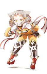 Rule 34 | 1girl, animal ears, bafarin, belt, blunt bangs, bodysuit, boots, cat ears, full body, gloves, hair ornament, hair ribbon, hand on own hip, highres, hood, knee boots, looking at viewer, nia (xenoblade), nintendo, ribbed bodysuit, ribbon, short hair, silver hair, simple background, smile, solo, standing, white background, white gloves, xenoblade chronicles (series), xenoblade chronicles 2, yellow bodysuit, yellow eyes, yellow ribbon