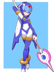 Rule 34 | 1girl, android, blue background, blue eyes, breasts, facing viewer, gloves, helmet, highres, holding, holding weapon, fairy leviathan (mega man), light smile, medium breasts, mega man (series), mega man zero (series), omeehayo, simple background, solo, tagme, weapon, white gloves