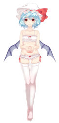 Rule 34 | 1girl, bat wings, blue hair, blush, bow, bow bra, bow panties, bra, cinderella bust, colored eyelashes, embarrassed, fang, fang out, fangs, frilled bra, frilled panties, frills, hat, highres, mob cap, outon, panties, red eyes, remilia scarlet, short hair, simple background, solo, thighhighs, touhou, underwear, underwear only, white background, white bra, white panties, white thighhighs, wings