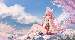 Rule 34 | 1girl, animal, animal ears, arm up, bare shoulders, cherry blossoms, closed mouth, detached sleeves, earrings, eating, flower, food, food on face, fox, fox ears, gem, genshin impact, highres, holding, holding food, jewelry, kitsune, long hair, nontraditional miko, pink hair, purple eyes, purple gemstone, red skirt, sitting, skirt, smile, solo, tassel, thighs, tofu, turtleneck, vision (genshin impact), wide sleeves, yae miko, yajuu
