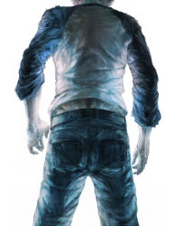 Rule 34 | 1boy, back, cowboy shot, denim, emiya shirou, fate/stay night, fate (series), from behind, guri otoko, jeans, male focus, pants, pocket, raglan sleeves, simple background, solo, standing, torn clothes, torn sleeves, white background