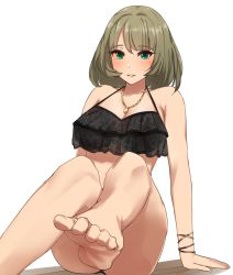 Rule 34 | 1girl, bare shoulders, barefoot, bikini, blue eyes, blush, bracelet, breasts, cleavage, feet, green eyes, idolmaster, idolmaster cinderella girls, jewelry, large breasts, legs, looking at viewer, mole, mole under eye, necklace, parted lips, sente, short hair, simple background, sitting, solo, swimsuit, takagaki kaede, toes, white background