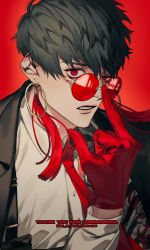 Rule 34 | 1boy, absurdres, adjusting eyewear, artist name, bishounen, black hair, buttons, character request, closed mouth, collared shirt, commission, dated, dress shirt, earrings, english text, eyeliner, facial mark, gloves, go e 0000, gradient background, half-closed eye, hand up, highres, hoop earrings, jacket, jacket on shoulders, jewelry, leather, leather gloves, long sleeves, looking at viewer, makeup, male focus, middle finger, necktie, nose, original, parted lips, red background, red eyes, red gloves, red necktie, rimless eyewear, round eyewear, shirt, short hair, simple background, skeb commission, solo, suspenders, tassel, tassel earrings, teeth, thank you, tinted eyewear, upper body, upper teeth only, white shirt, yellow-framed eyewear