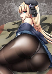 Rule 34 | 1girl, artist request, ass, bare shoulders, beret, blonde hair, blue eyes, coat, come hither, fate/grand order, fate (series), from behind, hat, long hair, lord el-melloi ii case files, lying, on side, open mouth, panties, panties under pantyhose, pantyhose, reines el-melloi archisorte, shiny skin, skirt, smile, solo, underwear