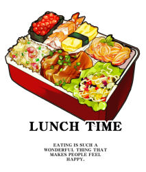 Rule 34 | bento, english text, fish (food), food, food focus, fried rice, garnish, gunkanmaki, ikura (food), lunchbox, meat, nigirizushi, no humans, noodles, nori (seaweed), omelet, original, rice, roe, salad, shrimp, simple background, sini the girl, spring onion, still life, sushi, tamagoyaki, vegetable, white background