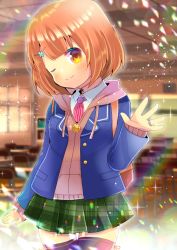 Rule 34 | 1girl, ;), black thighhighs, blazer, blue jacket, blurry, blurry background, blush, brown eyes, brown hair, brown jacket, chair, classroom, closed mouth, clover hair ornament, collared shirt, commentary request, depth of field, desk, drawstring, four-leaf clover hair ornament, green skirt, hair ornament, hairclip, hand up, hood, hood down, hooded jacket, indoors, jacket, jewelry, kou hiyoyo, long sleeves, one eye closed, open clothes, open jacket, original, plaid, plaid skirt, pleated skirt, red neckwear, ring, school chair, school desk, shirt, skirt, sleeves past wrists, smile, solo, sparkle, thighhighs, white shirt