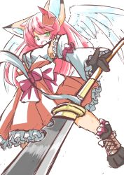Rule 34 | 1girl, breasts, female focus, fox, furry, furry female, green eyes, japanese clothes, long hair, open mouth, red hair, skirt, solo, sword, weapon, white background, yuuki haru (nyawate-sou)
