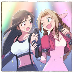 Rule 34 | 2girls, ;d, aerith gainsborough, arm grab, black border, black gloves, black hair, black skirt, blush, border, braid, brown eyes, brown hair, commentary, confetti, crop top, cropped jacket, dress, drill hair, elbow pads, final fantasy, final fantasy vii, fingerless gloves, frown, gauntlets, gloves, green eyes, hair ribbon, holding, holding microphone, jacket, looking at another, microphone, multiple girls, navel, one eye closed, open mouth, pink dress, pink ribbon, red jacket, ribbon, shirt, side-by-side, single braid, skirt, smile, sparkle, standing, suspender skirt, suspenders, sweatdrop, tifa lockhart, tsubobot, white shirt, yuri