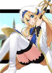 Rule 34 | 10s, 1girl, blonde hair, blue eyes, blush, boots, dress, frilled shorts, frills, goblin slayer!, hat, highres, holding, holding staff, long hair, long sleeves, looking at viewer, open mouth, priestess (goblin slayer!), route1911, shorts, solo, staff, thigh boots, thighhighs, wide sleeves, zettai ryouiki