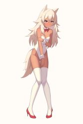 Rule 34 | 1girl, absurdres, animal ears, arm grab, bare shoulders, blush, bow, bowtie, breasts, closed mouth, commentary, dark-skinned female, dark skin, detached collar, eyelashes, frown, full body, grey hair, high heels, highleg, highleg leotard, highres, knees together feet apart, leaning forward, leotard, long hair, original, pejiro, playboy bunny, red bow, red bowtie, red eyes, red footwear, shadow, simple background, small breasts, solo, strapless, strapless leotard, tail, thigh gap, thighhighs, v-shaped eyebrows, white background, white hair, white leotard, white thighhighs, wrist cuffs