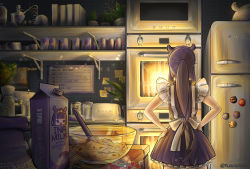 Rule 34 | 1girl, bread slice, can, cooking, flulululuke, food, hands on own hips, highres, hololive, hololive english, indoors, kitchen, magnet, milk carton, ninomae ina&#039;nis, oven, plant, pointy ears, ponytail, potted plant, purple hair, red bull, refrigerator, refrigerator magnet, standing, sticky note, takodachi (ninomae ina&#039;nis), tentacle hair, toast, twitter username, virtual youtuber