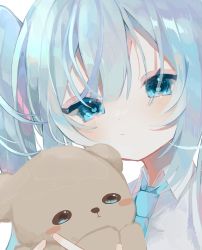 Rule 34 | 1girl, aqua eyes, aqua necktie, blue hair, blunt bangs, blush, closed mouth, dot nose, hair between eyes, hatsune miku, heart, heart-shaped pupils, highres, holding, holding stuffed toy, iridescent, light blue hair, long hair, looking at viewer, necktie, shirt, simple background, slept sui, solo, stuffed animal, stuffed toy, symbol-shaped pupils, teddy bear, twintails, vocaloid, white background, white shirt