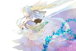 Rule 34 | 1girl, angel wings, asymmetrical wings, bare shoulders, blue dress, blue hair, breasts, choker, dizzy (guilty gear), dress, from side, guilty gear, hair ribbon, large breasts, long hair, looking afar, nachiko, open mouth, own hands together, ribbon, simple background, solo, twintails, white background, wind, wind lift, wings, yellow ribbon
