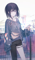 Rule 34 | 1girl, absurdres, asymmetrical clothes, black hair, black pants, blurry, blurry background, breasts, cable, cellphone, choker, clothes writing, collarbone, earphones, fence, groin, hair ornament, hairclip, haizome senri, highres, holding, holding phone, leaning back, long sleeves, looking to the side, midriff peek, navel, original, pants, phone, purple eyes, purple shirt, shirt, short hair, sidelocks, single earphone removed, single pantsleg, sleeves past fingers, sleeves past wrists, small breasts, smartphone, solo, standing, thigh strap