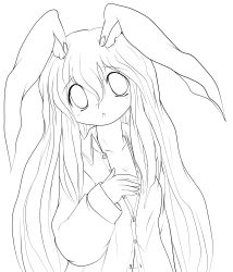 Rule 34 | 1girl, :o, absurdres, animal ears, rabbit ears, dress shirt, female focus, greyscale, highres, lineart, long hair, monochrome, open clothes, open mouth, open shirt, reisen udongein inaba, shirt, solo, touhou, transparent background, upper body, very long hair, yume shokunin
