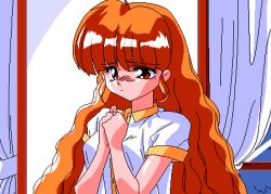 Rule 34 | 1girl, animahjong, animahjong x, animated, animated gif, breasts, indoors, long hair, looking at viewer, lowres, matching hair/eyes, nipples, no bra, orange eyes, orange hair, pc-98 (style), pc98, rumi (animahjong), rumi (animahjong x), see-through, small breasts, sogna, solo, undressing