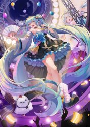 Rule 34 | 1girl, absurdly long hair, absurdres, alternate costume, audience, bare shoulders, bird, black choker, black skirt, blue flower, blue hair, breasts, choker, cloud, concert, confetti, detached sleeves, flower, flying, hand fan, hatsune miku, highres, holding, holding fan, holding microphone, long hair, looking down, medium breasts, microphone, moon, open mouth, oversized flower, projected inset, skirt, sky, smile, solo, stadium, stage, twintails, very long hair, vocaloid, yudi
