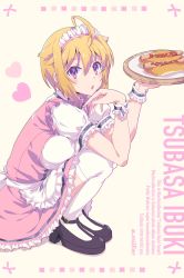 Rule 34 | 1girl, :o, ahoge, apron, artist name, text background, beige background, black footwear, blonde hair, blush, bow, bowtie, breasts, character name, commentary, dress, food, frilled apron, frilled dress, frilled sleeves, frills, from side, full body, hair between eyes, hair flaps, hands up, heart, heart background, high heels, highres, holding, holding plate, hot dog, ibuki tsubasa, idolmaster, idolmaster million live!, idolmaster million live! theater days, large breasts, legs together, looking at viewer, looking to the side, maid headdress, oomura karasu, parted lips, pink bow, pink bowtie, pink dress, pink eyes, plate, puffy short sleeves, puffy sleeves, romaji text, shoes, short hair, short sleeves, sidelocks, solo, squatting, strappy heels, symbol-only commentary, thighhighs, translation request, waist apron, waitress, white apron, white thighhighs, wrist cuffs