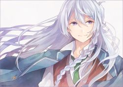 Rule 34 | 10s, 1boy, black border, blue jacket, border, braid, buttons, close-up, closed mouth, commentary request, ensemble stars!, green necktie, grey background, hair between eyes, hibiki wataru, jacket, jacket on shoulders, light purple hair, long hair, looking away, male focus, necktie, purple eyes, red jacket, shirt, simple background, smile, solo, tama (songe), white shirt